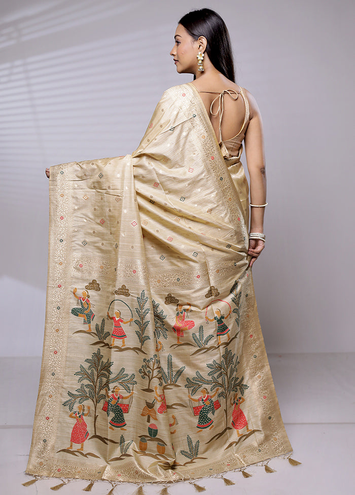 Cream Dupion Silk Saree With Blouse Piece