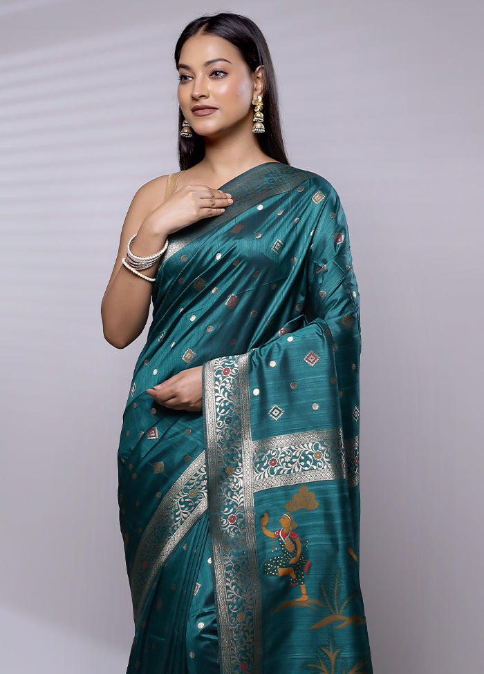 Green Dupion Silk Saree With Blouse Piece