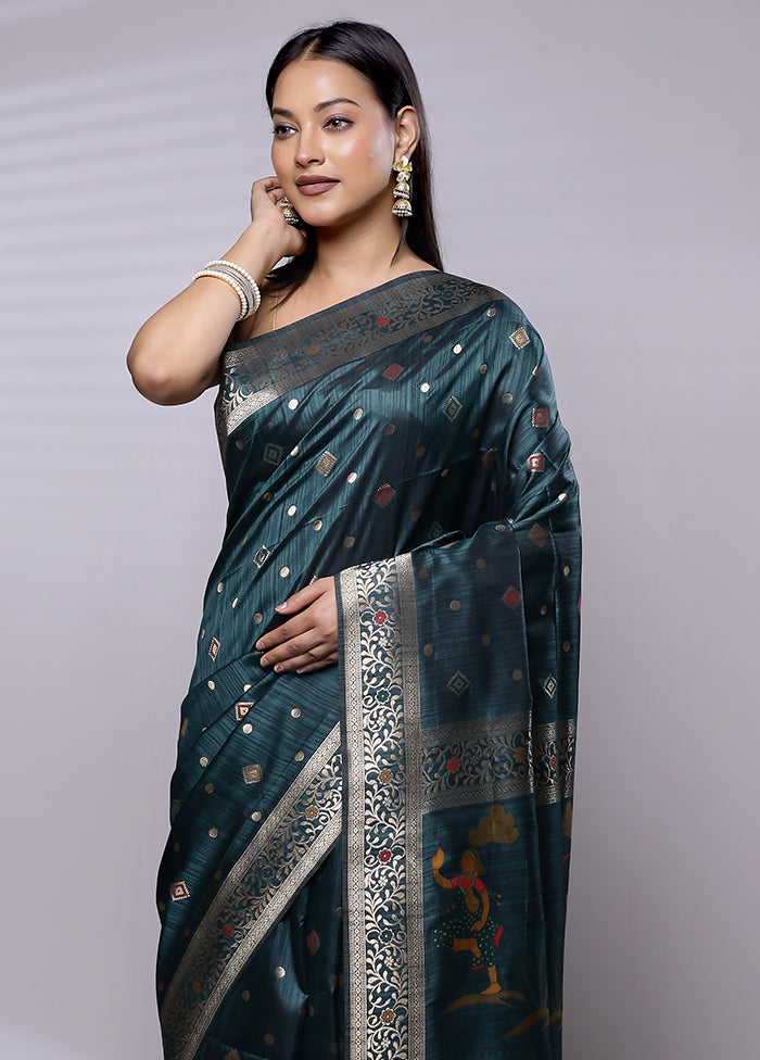 Green Dupion Silk Saree With Blouse Piece