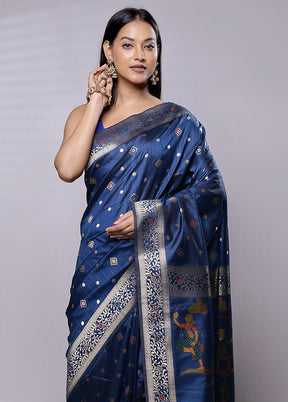 Blue Handloom Dupion Pure Silk Saree With Blouse Piece