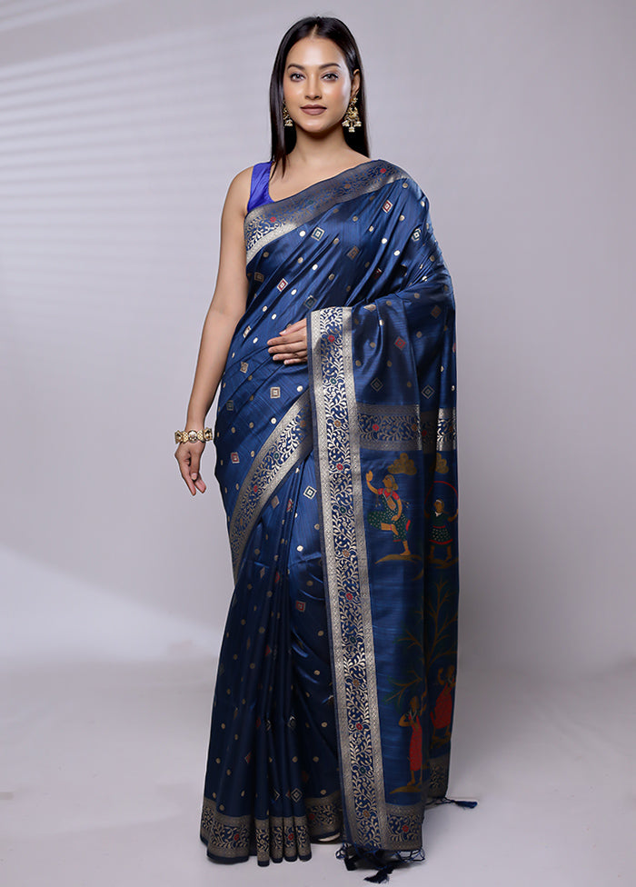 Blue Dupion Silk Saree With Blouse Piece