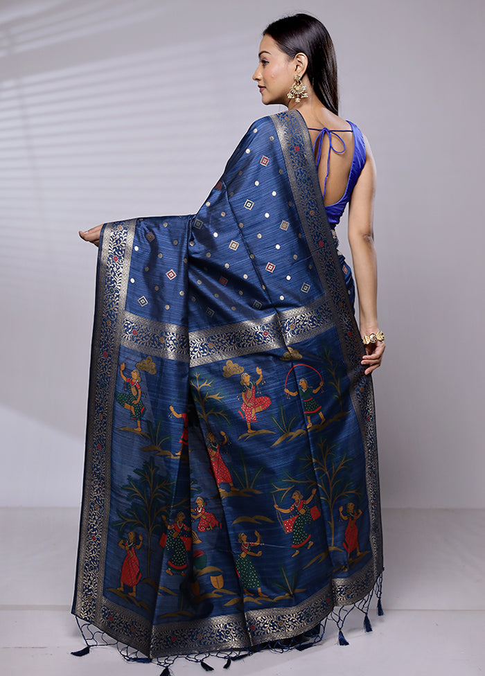 Blue Dupion Silk Saree With Blouse Piece