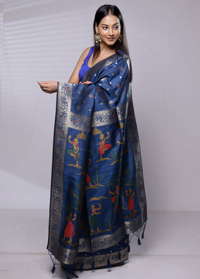 Blue Handloom Dupion Pure Silk Saree With Blouse Piece