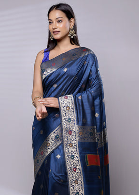 Blue Dupion Silk Saree With Blouse Piece