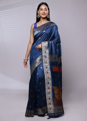 Blue Dupion Silk Saree With Blouse Piece