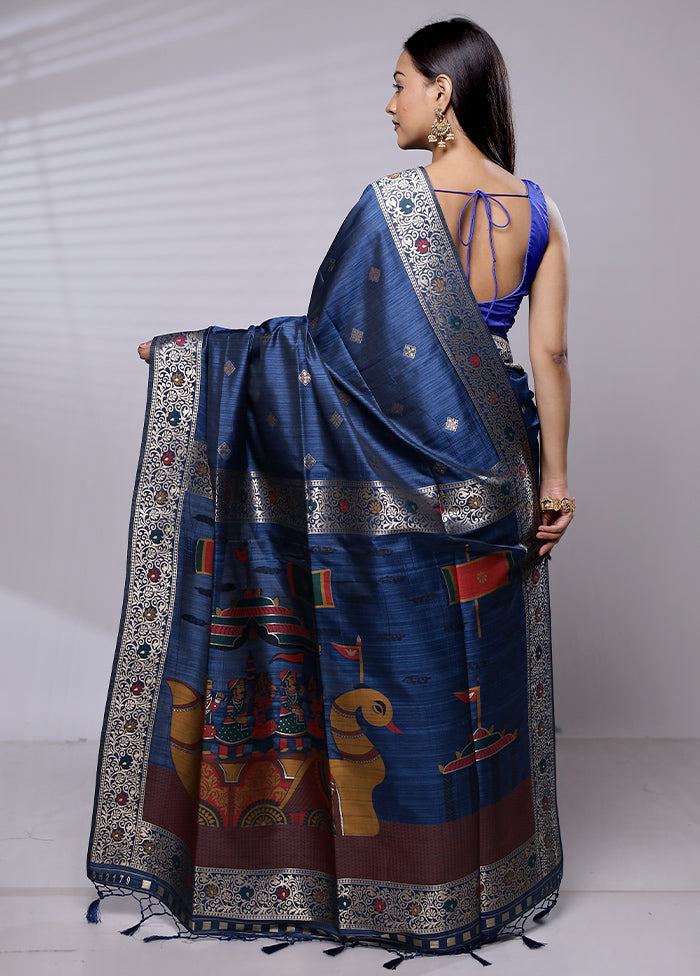 Blue Dupion Silk Saree With Blouse Piece