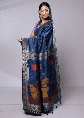 Blue Dupion Silk Saree With Blouse Piece