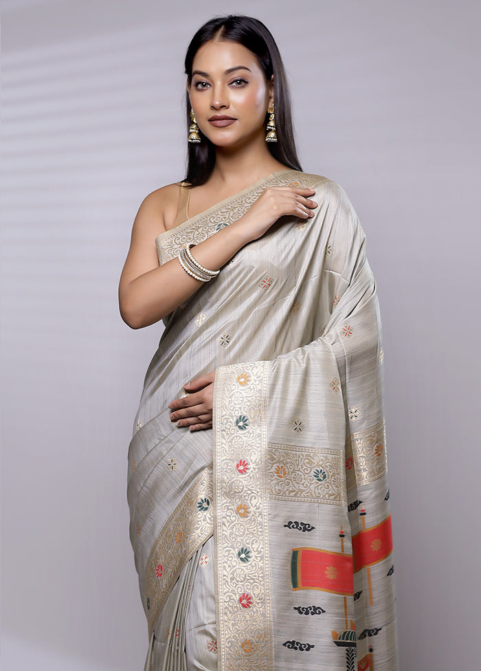 Grey Dupion Silk Saree With Blouse Piece