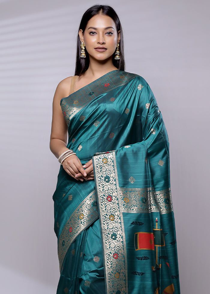 Green Dupion Silk Saree With Blouse Piece