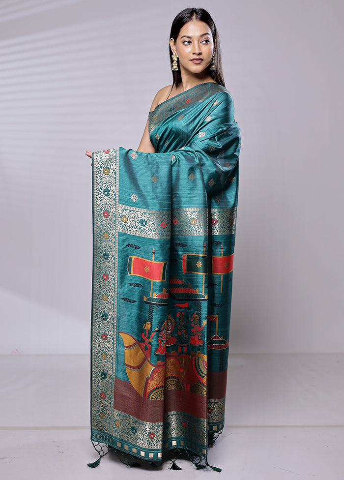 Green Dupion Silk Saree With Blouse Piece