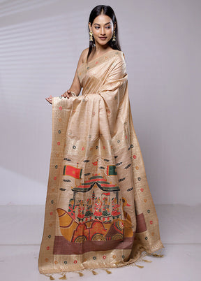 Cream Dupion Silk Saree With Blouse Piece - Indian Silk House Agencies