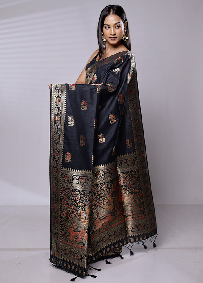 Black Dupion Silk Saree With Blouse Piece