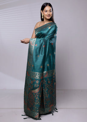 Green Dupion Silk Saree With Blouse Piece