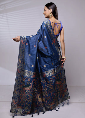 Blue Dupion Silk Saree With Blouse Piece