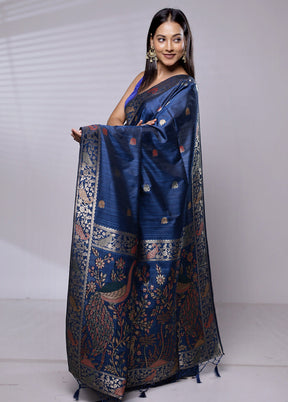 Blue Dupion Silk Saree With Blouse Piece