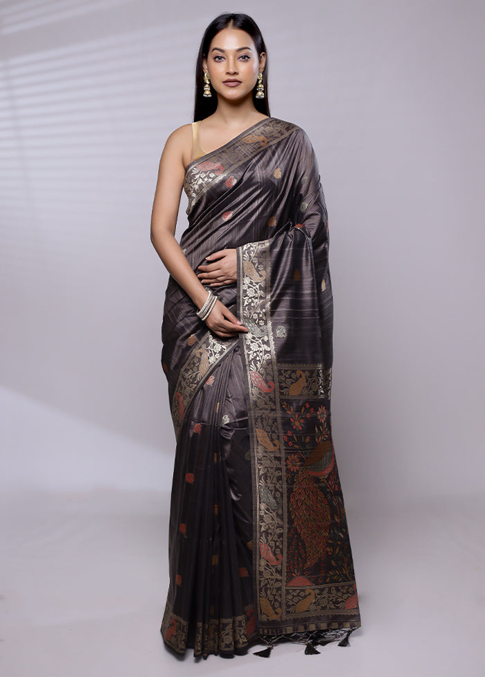 Grey Dupion Silk Saree With Blouse Piece