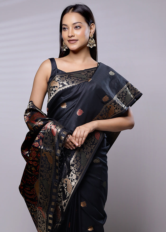 Black Dupion Silk Saree With Blouse Piece