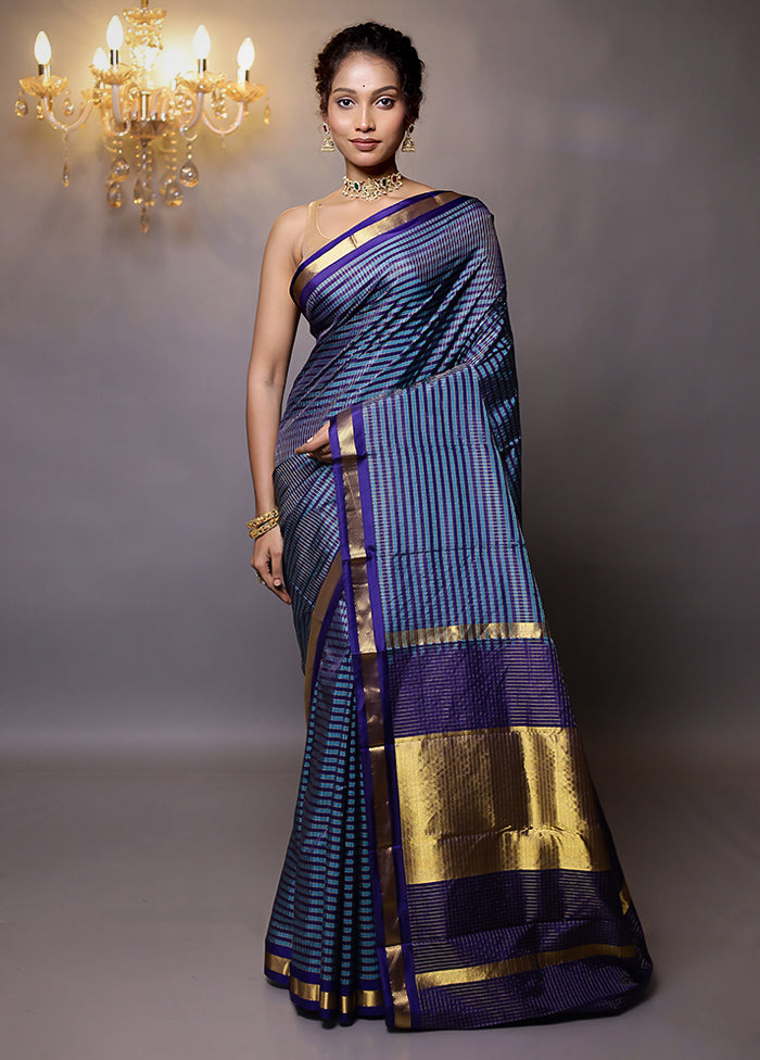 Blue Handloom Kanjivaram Pure Silk Saree With Blouse Piece