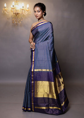 Blue Handloom Kanjivaram Pure Silk Saree With Blouse Piece