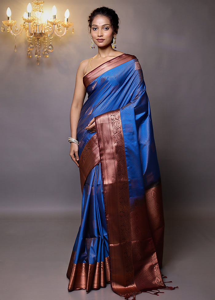 Blue Kanjivaram Silk Saree With Blouse Piece