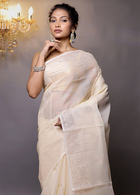 Cream Organza Saree With Blouse Piece