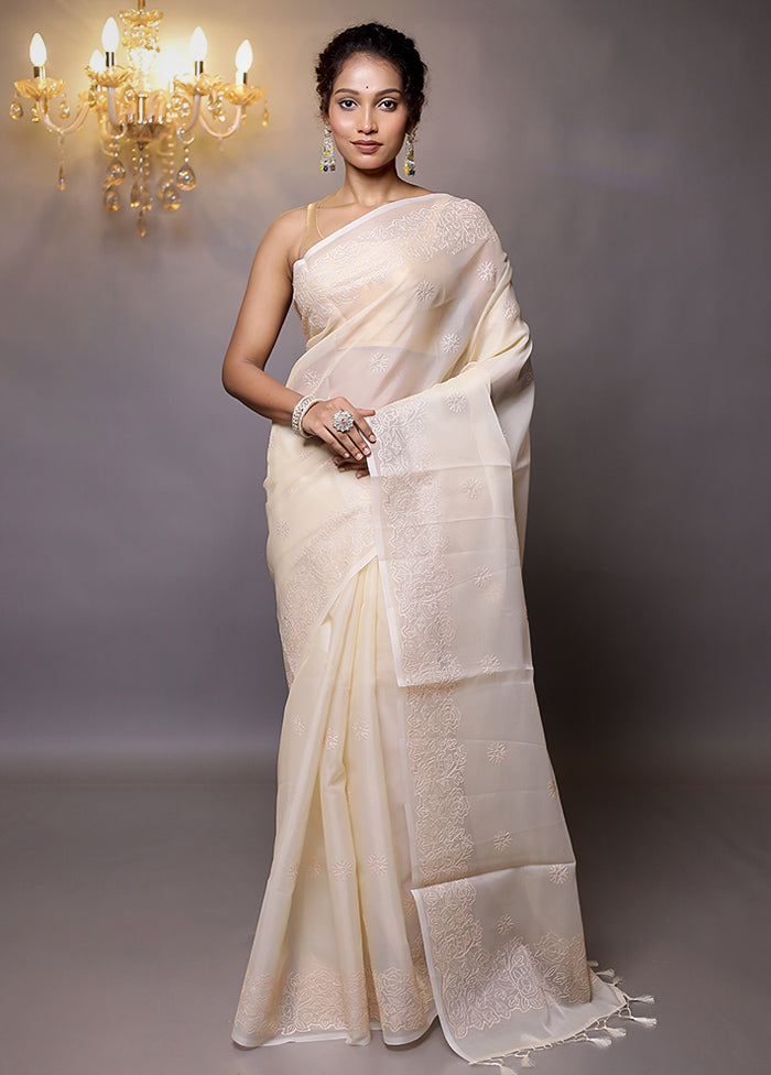 Cream Organza Saree With Blouse Piece