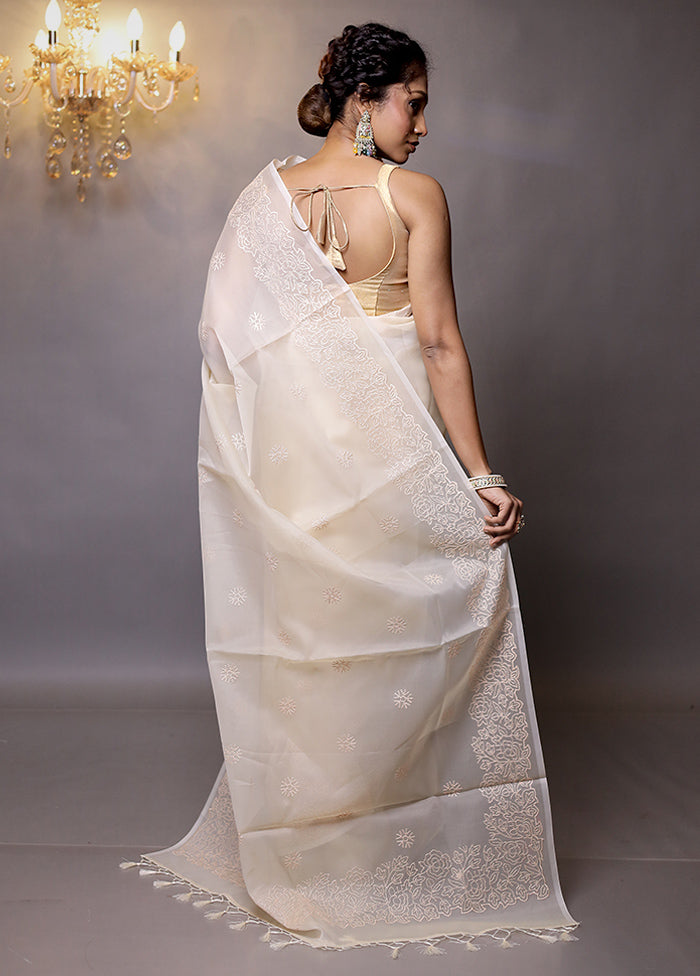 Cream Organza Saree With Blouse Piece