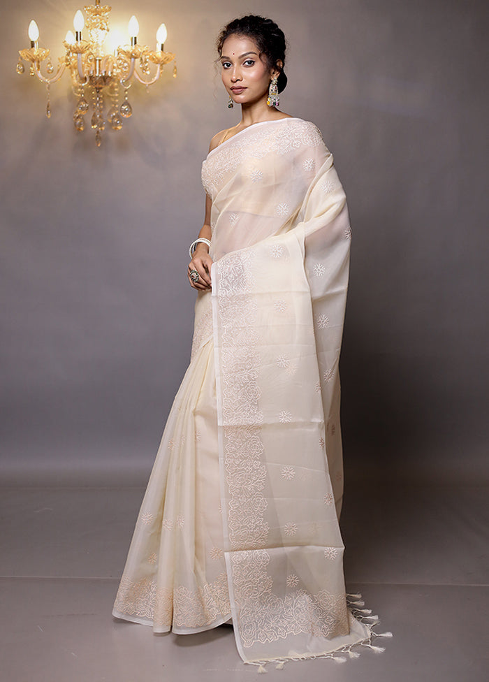 Cream Organza Saree With Blouse Piece