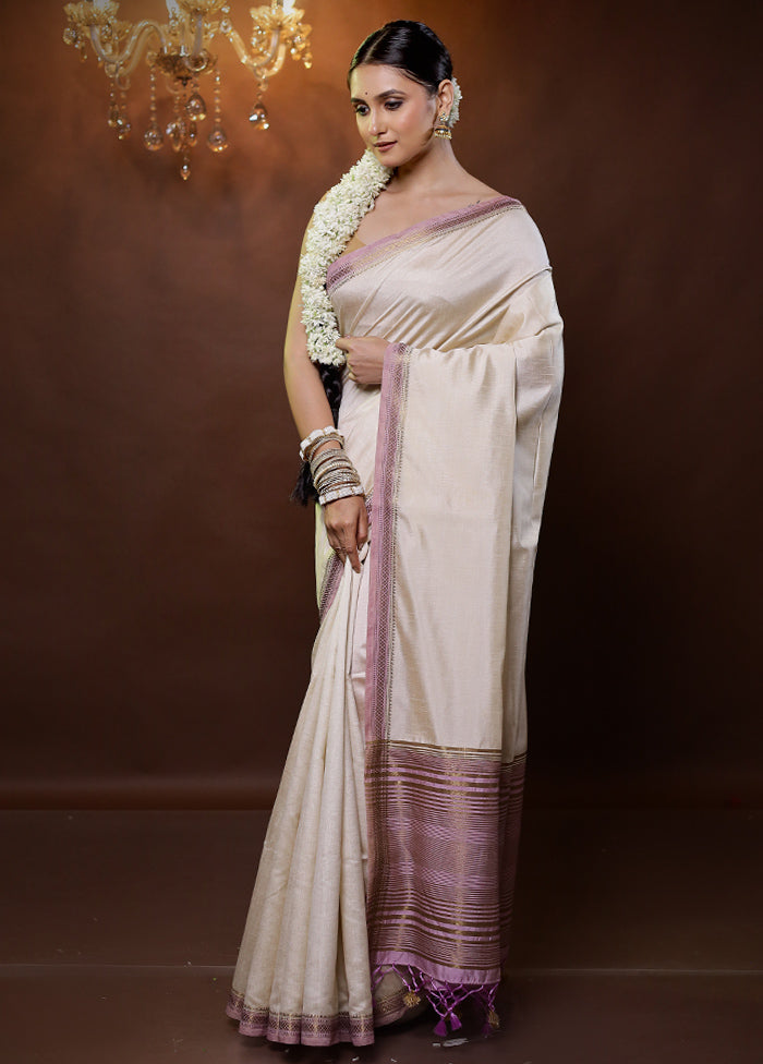 Cream Dupion Silk Saree With Blouse Piece