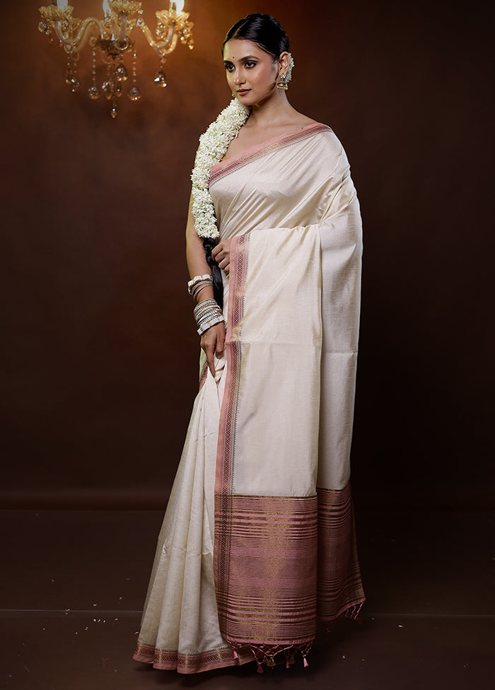 Cream Dupion Silk Saree With Blouse Piece