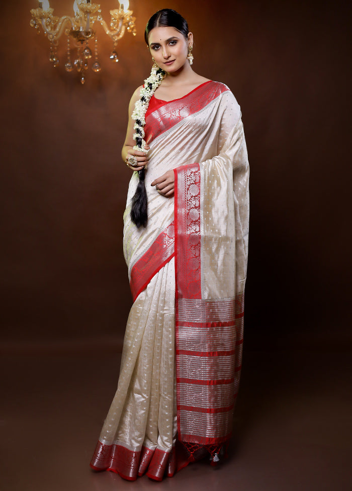 Cream Dupion Silk Saree With Blouse Piece