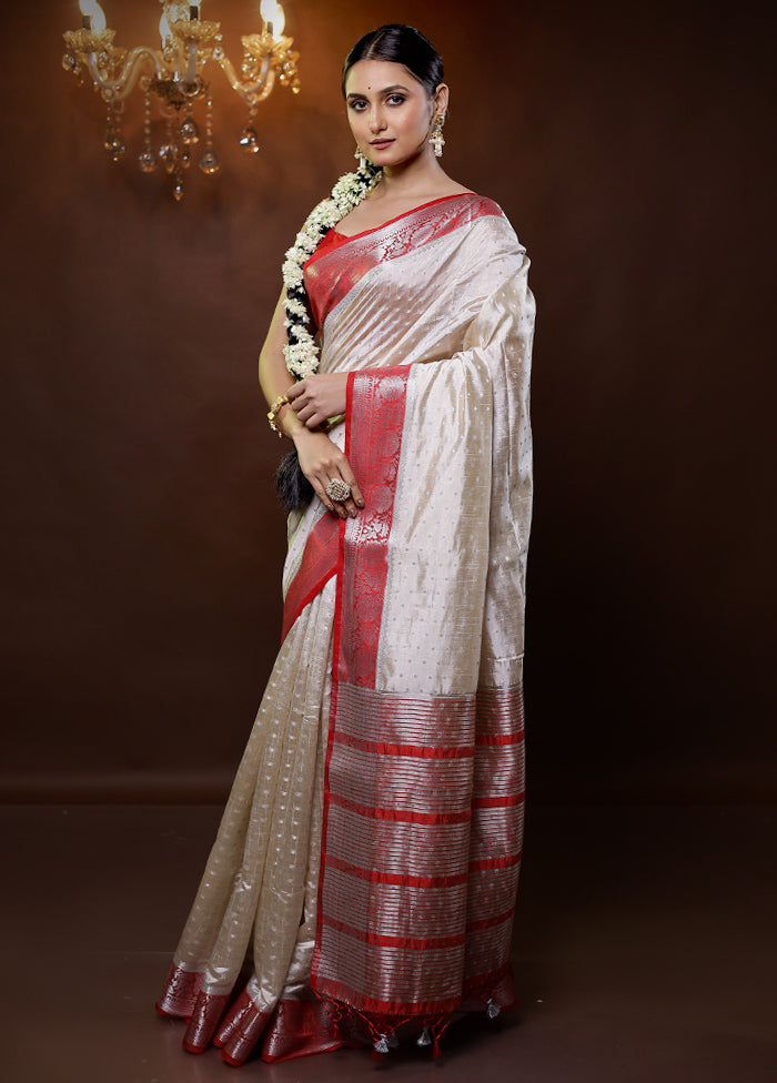 Cream Dupion Silk Saree With Blouse Piece