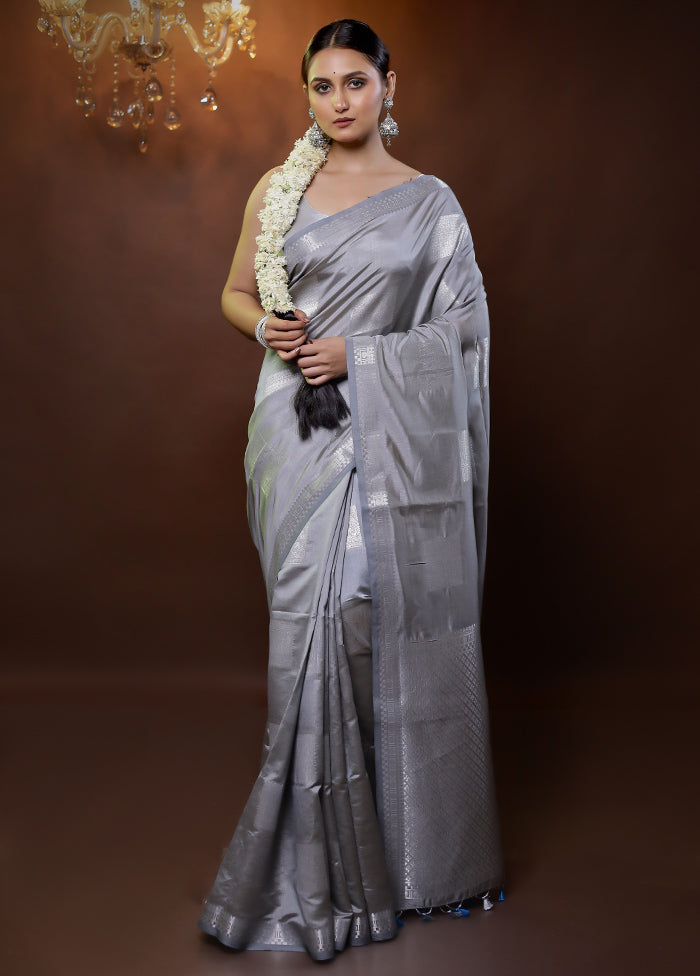 Grey Dupion Silk Saree With Blouse Piece