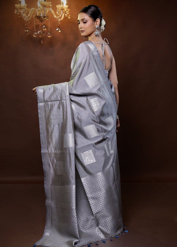 Grey Dupion Silk Saree With Blouse Piece