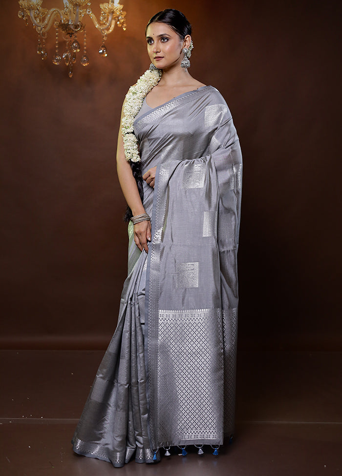 Grey Dupion Silk Saree With Blouse Piece