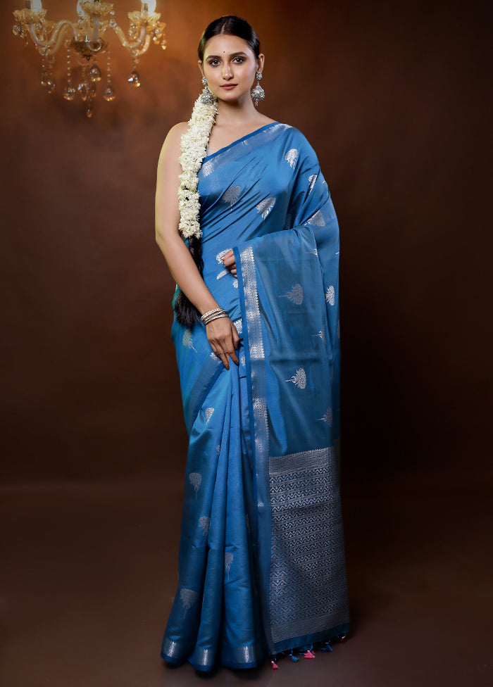 Blue Dupion Silk Saree With Blouse Piece