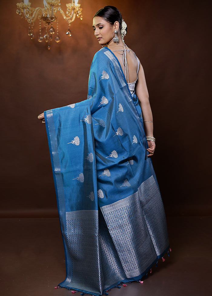 Blue Dupion Silk Saree With Blouse Piece