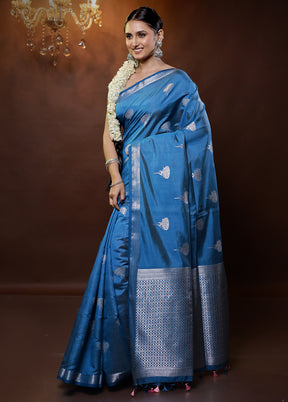 Blue Dupion Silk Saree With Blouse Piece