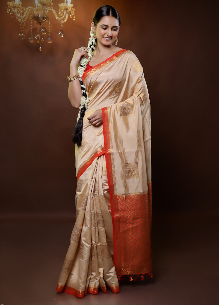 Cream Dupion Silk Saree With Blouse Piece