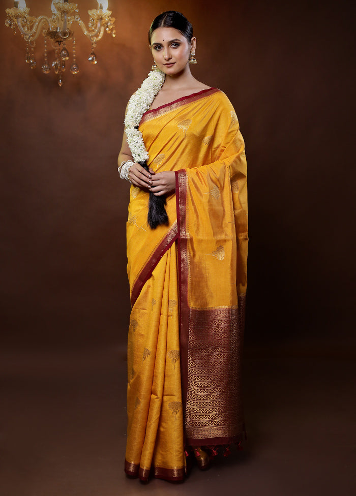 Yellow Dupion Silk Saree With Blouse Piece