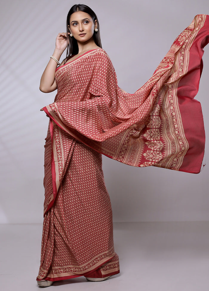 Red Mysore Silk Saree Without Blouse Piece