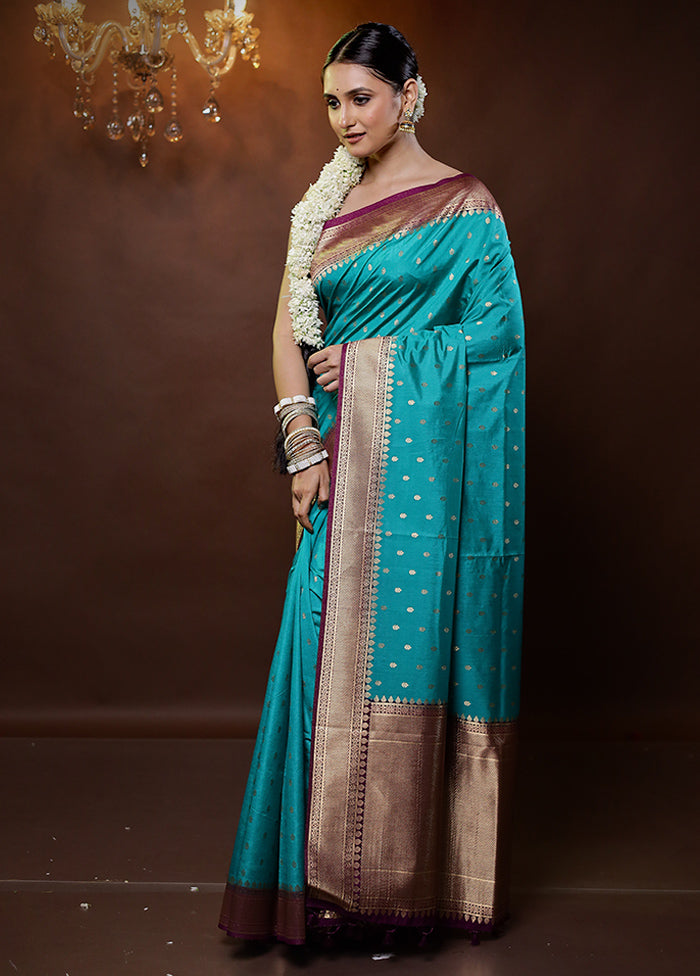 Blue Dupion Silk Saree With Blouse Piece