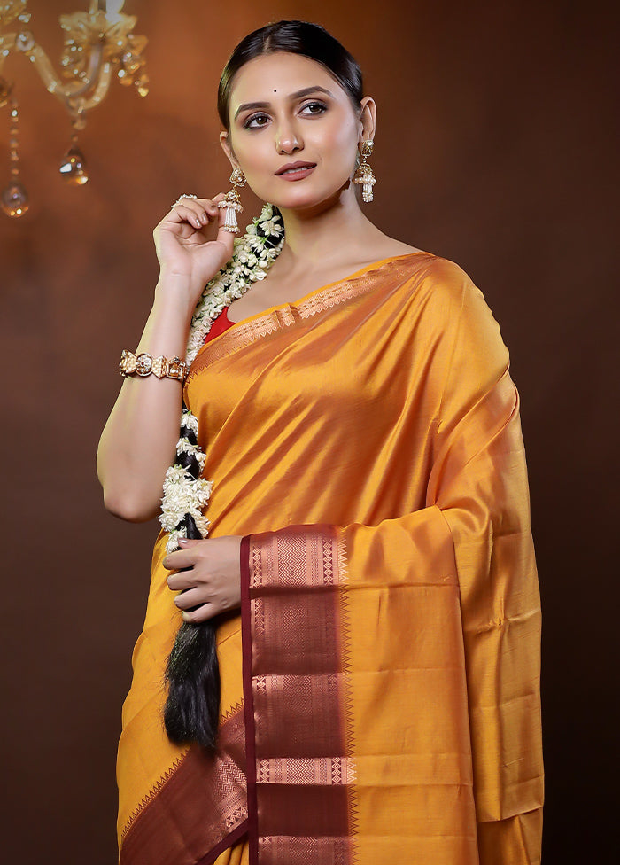 Yellow Dupion Silk Saree With Blouse Piece