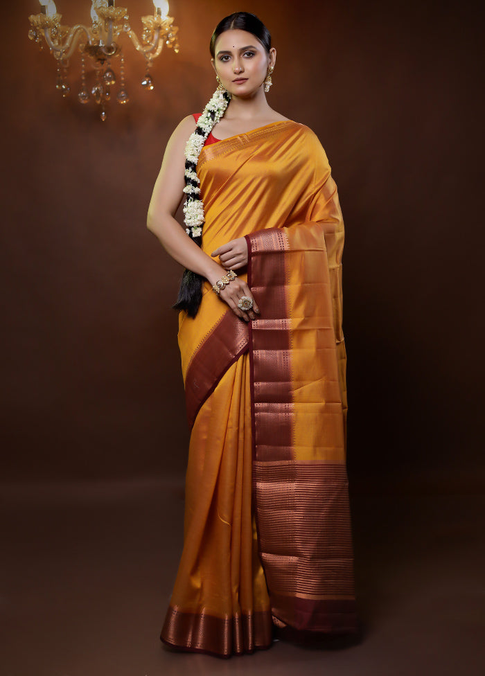 Yellow Dupion Silk Saree With Blouse Piece