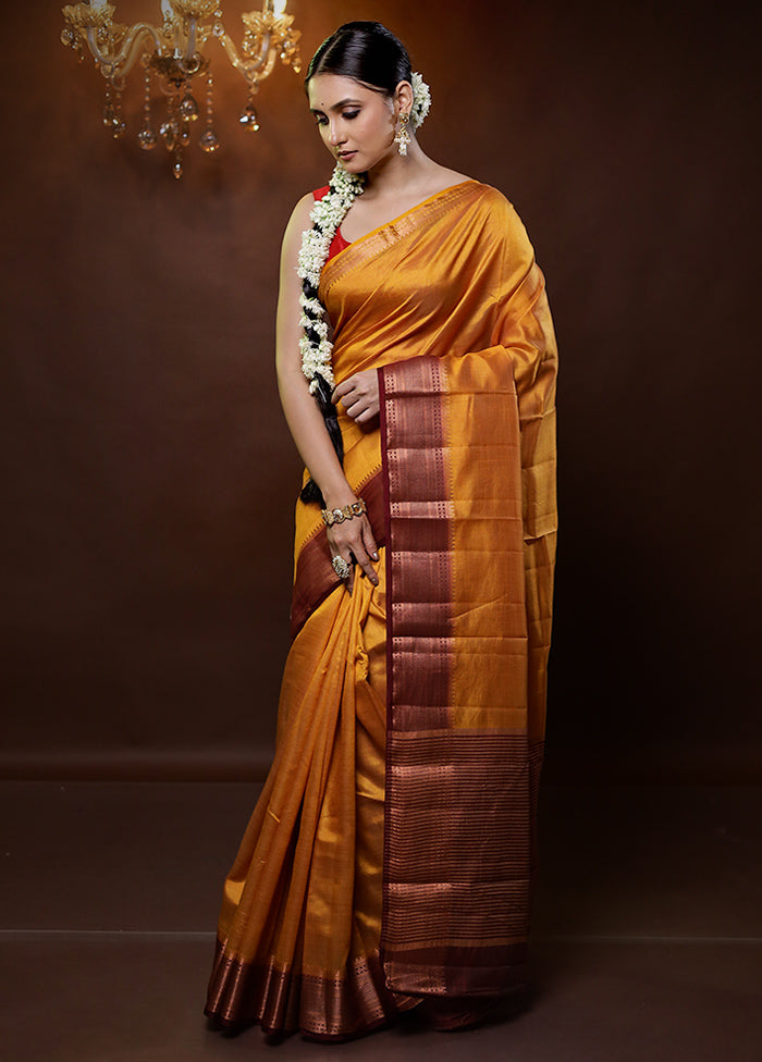 Yellow Dupion Silk Saree With Blouse Piece