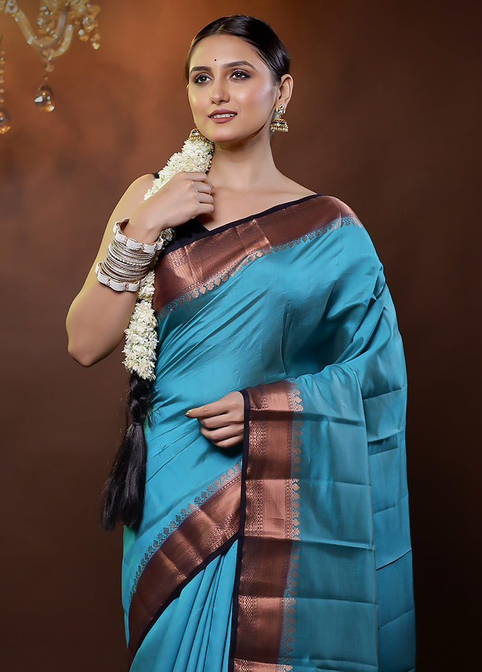 Blue Dupion Silk Saree With Blouse Piece