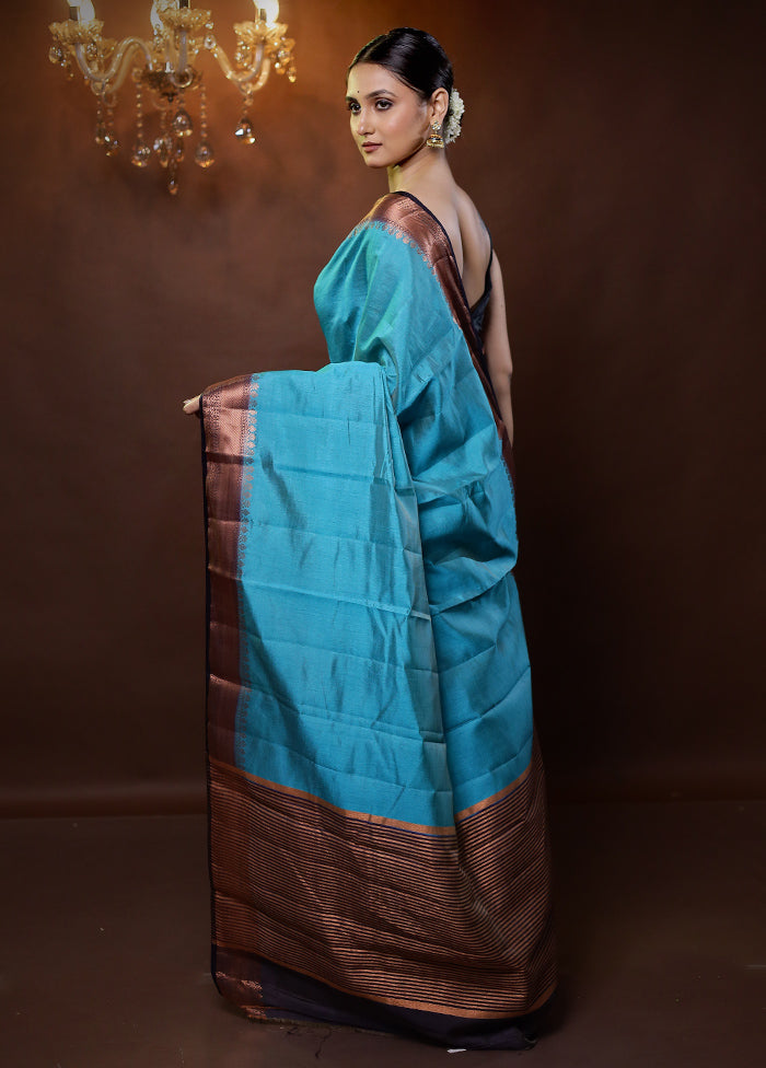 Blue Dupion Silk Saree With Blouse Piece