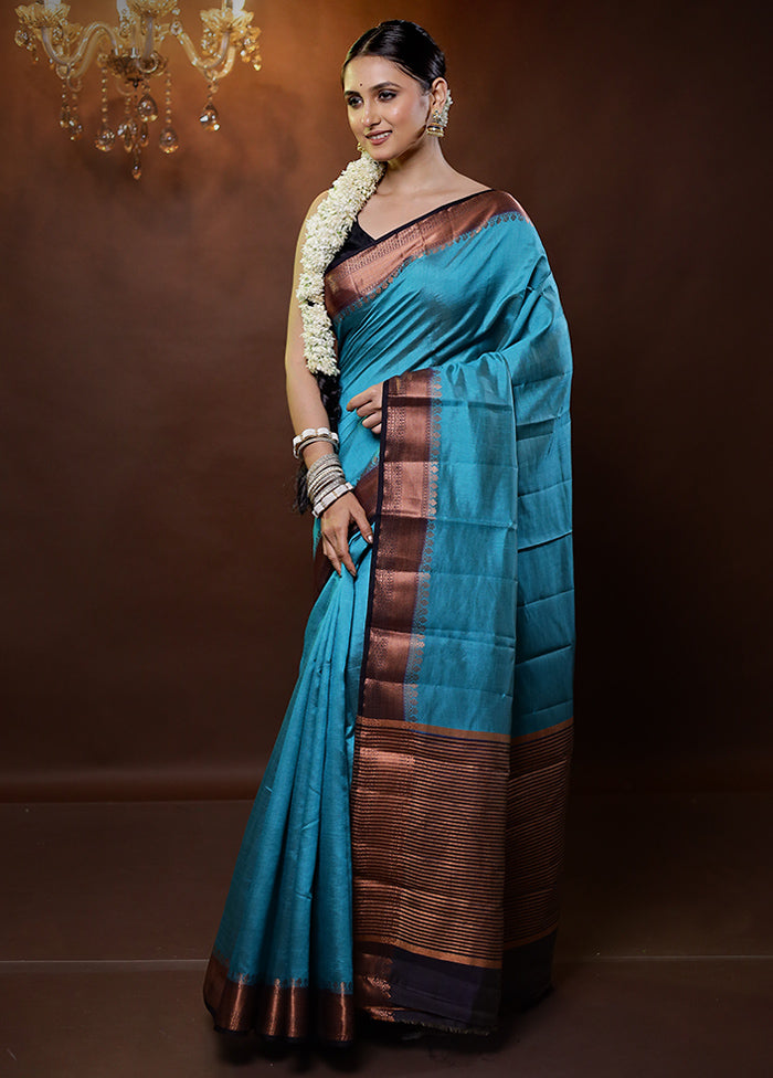 Blue Dupion Silk Saree With Blouse Piece