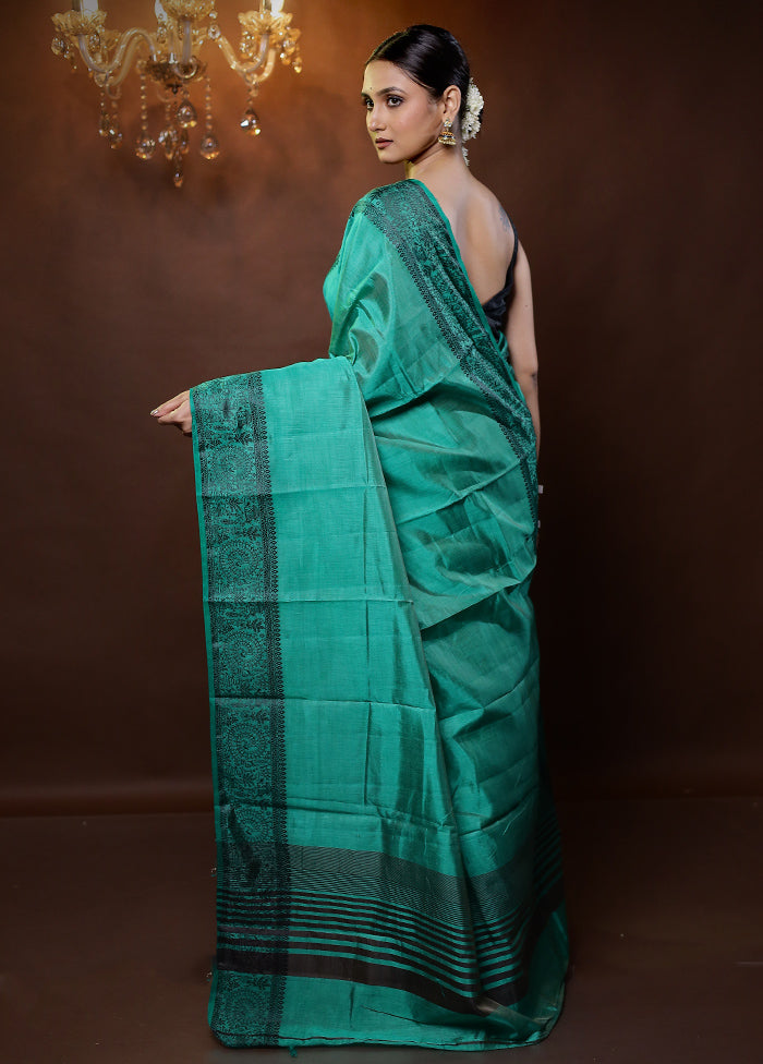 Green Dupion Silk Saree With Blouse Piece