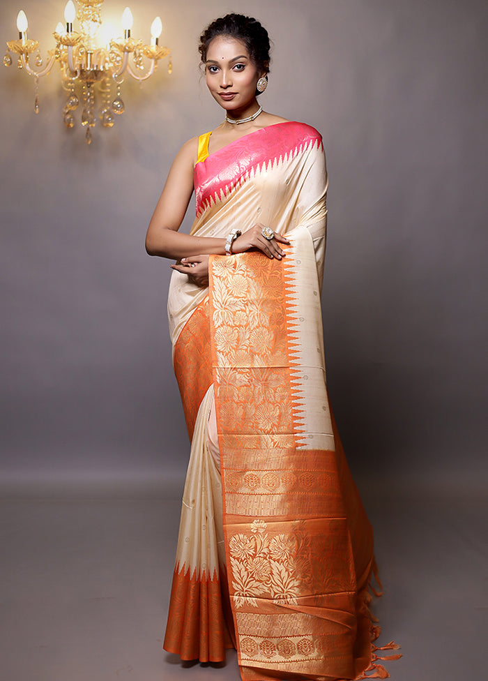 Cream Tussar Silk Saree With Blouse Piece - Indian Silk House Agencies